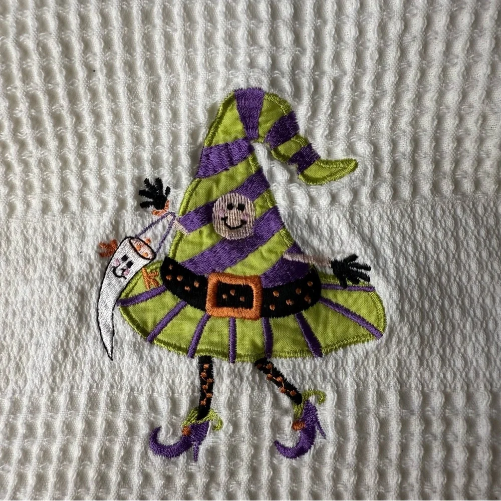C&F Enterprises Halloween Witch Embroidered Waffle Weave Cotton Hand Towel White